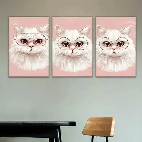 3pcs Adorable White Cats with Pink Glasses Wall Art Set Canvas Unframed - High Quality Print 100% Australian Made Wall Canvas - Bella Home Decor