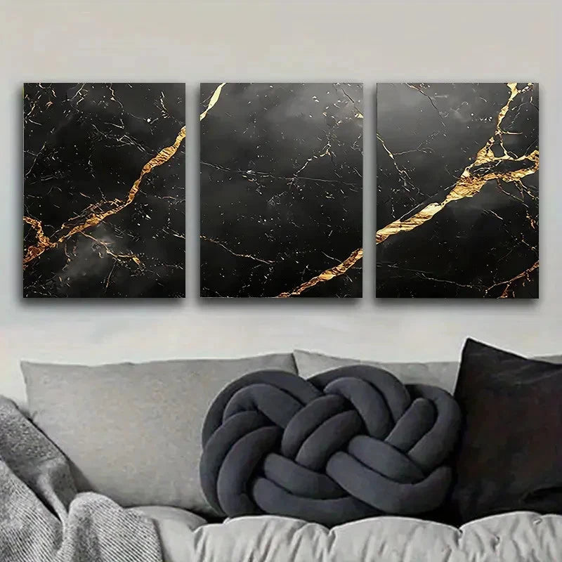 3pcs Black and Golden Marble Wall Art Set Canvas Framed 50x70cm - High Quality Print 100% Australian Made Wall Canvas Ready to Hang - Bella Home Decor