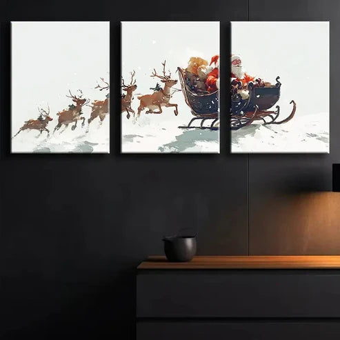 3pcs Santa Claus & Reindeer Sleigh White Snow Wall Art Set Canvas Unframed - High Quality Print 100% Australian Made Wall Canvas