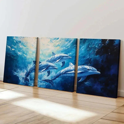 3pcs Sea Life Dolphins in Ocean Landscape Wall Art Set Canvas Framed 60x90cm - High Quality Print 100% Australian Made Wall Canvas Ready to Hang - Bella Home Decor