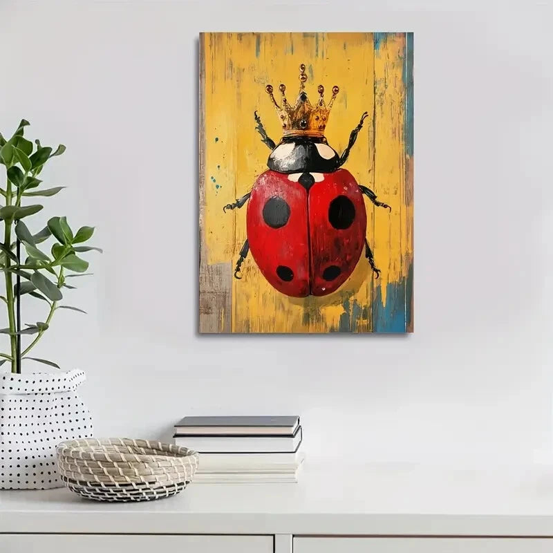 Vibrant Ladybug with Golden Crown Painting 40x60cm Metal Print Ready to Hang