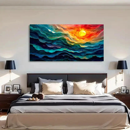 Waves & Sunrise Ocean Abstracct Wall Art Canvas Office Home Room Framed 120x60cm - Bella Home Decor
