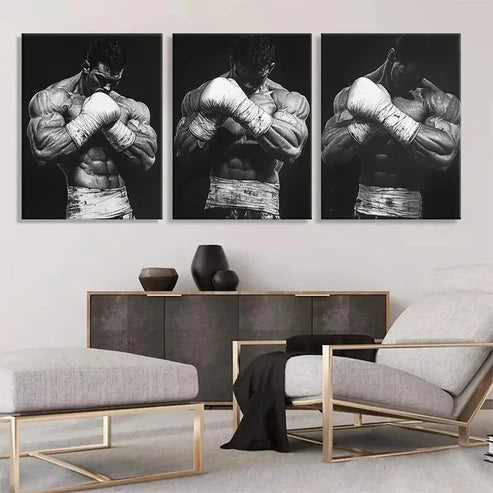 3pcs Black and White Boxing Strong Perfect Wall Art Set Canvas Unframed - High Quality Print 100% Australian Made Wall Canvas - Bella Home Decor
