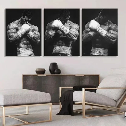 3pcs Black and White Boxing Strong Perfect Wall Art Set Canvas Unframed - High Quality Print 100% Australian Made Wall Canvas - Bella Home Decor