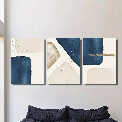3pcs Blue and Beige Shapes with Golden Accents Metal Print Ready to Hang Art - Bella Home Decor