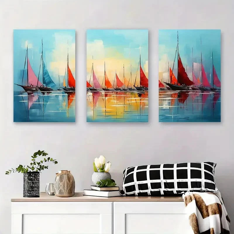 3pcs  Colorful Yachts on Calm Water Wall Art Set Canvas Framed 60x90cm - High Quality Print 100% Australian Made Wall Canvas Ready to Hang - Bella Home Decor