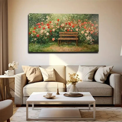 Serene Bench With Blooming Rose Wall Art Canvas Office Home Room Framed 120x60cm