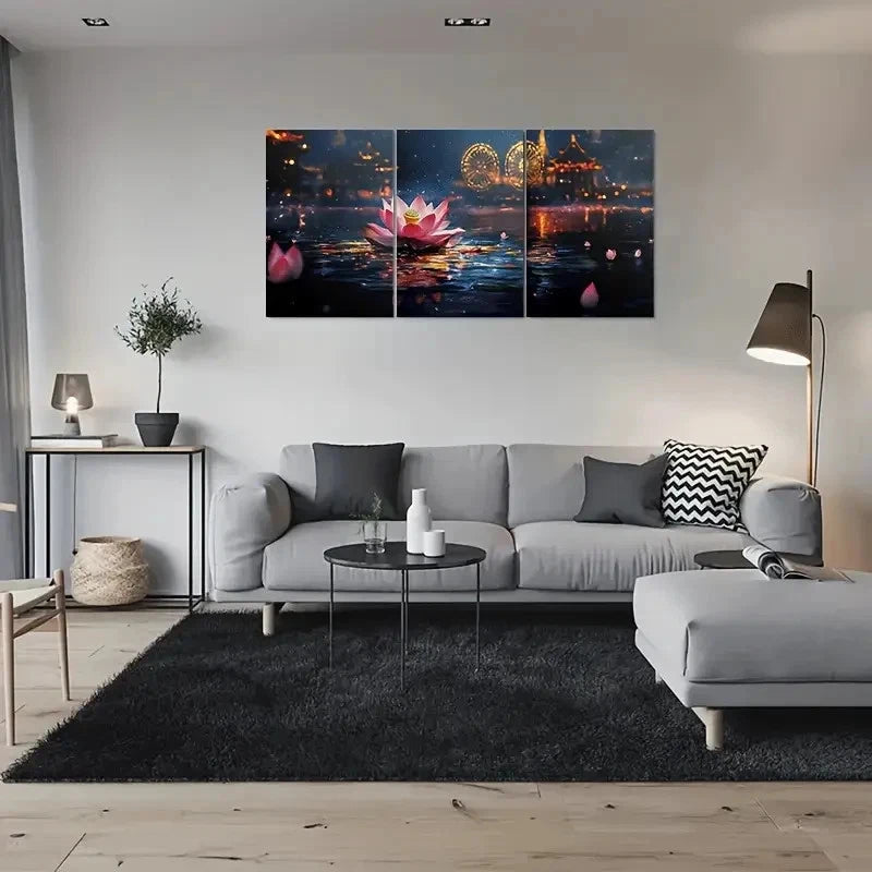 3pcs Night Market Lights Reflections Metal Print Ready to Hang Art