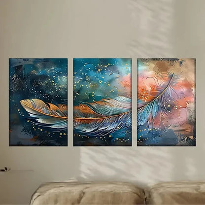 3pcs Painting of a Feather on a Blue Wall Art Set Canvas Unframed - High Quality Print 100% Australian Made Wall Canvas - Bella Home Decor