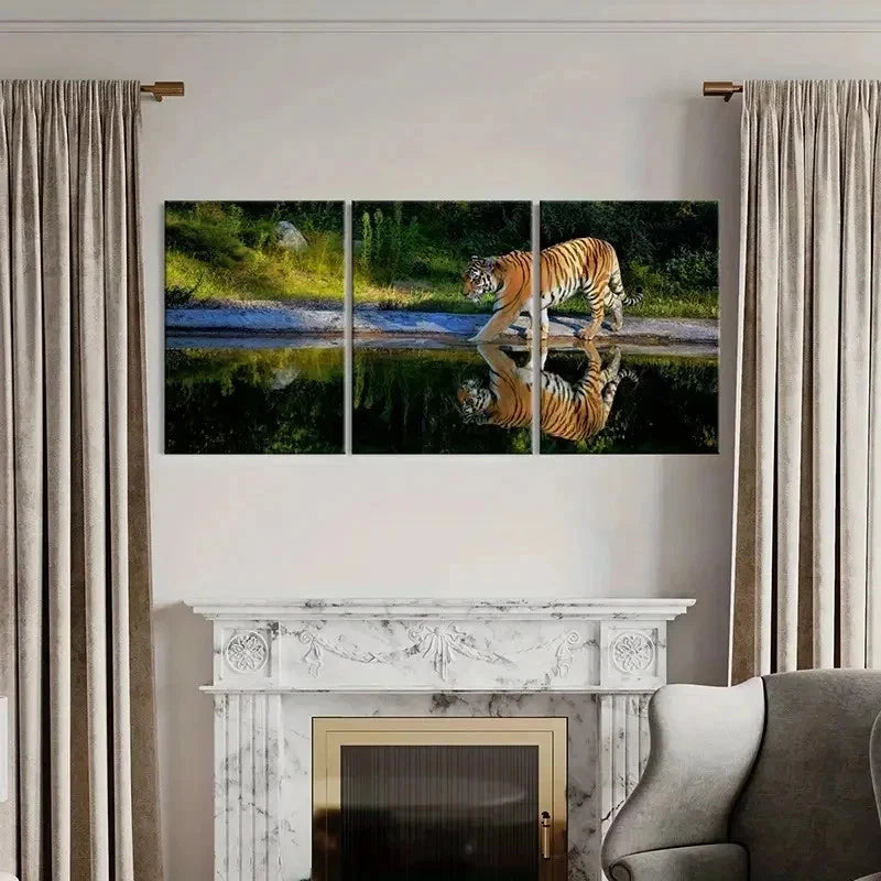 3pcs Tiger Walking By The Lake Wall Art Set Canvas Framed 60x90cm - High Quality Print 100% Australian Made Wall Canvas Ready to Hang