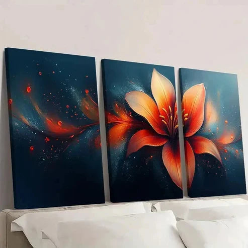3pcs Flowy Lily Petals in Orange Red & Blue Wall Art Canvas Unframed - High Quality Print 100% Australian Made Wall Canvas - Bella Home Decor