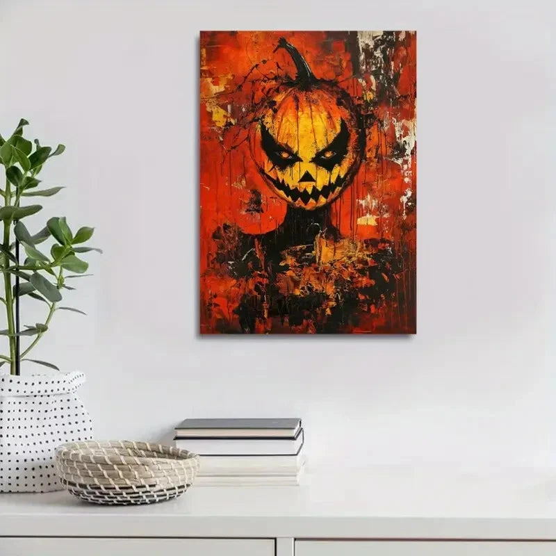 Contemporary Abstract Halloween Pumpkin Painting 40x60cm Metal Print Ready to Hang - Bella Home Decor