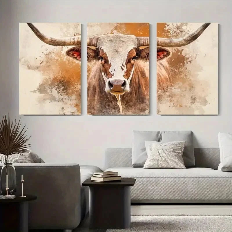 3pcs Rustic Longhorn Cow Décor Modern Perfect Wall Art Set Canvas Framed 40x60cm - High Quality Print 100% Australian Made Wall Canvas Ready to Hang - Bella Home Decor