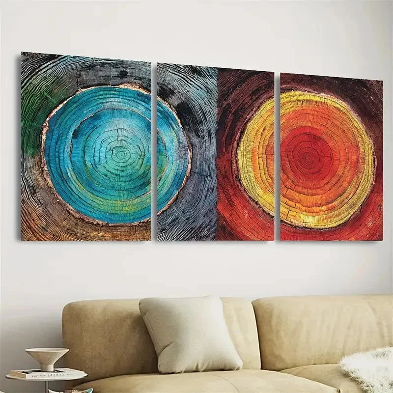 3pcs Colorful Tree Ring Natural Slice Print Wall Art Set Canvas Framed 60x90cm - High Quality Print 100% Australian Made Wall Canvas Ready to Hang - Bella Home Decor