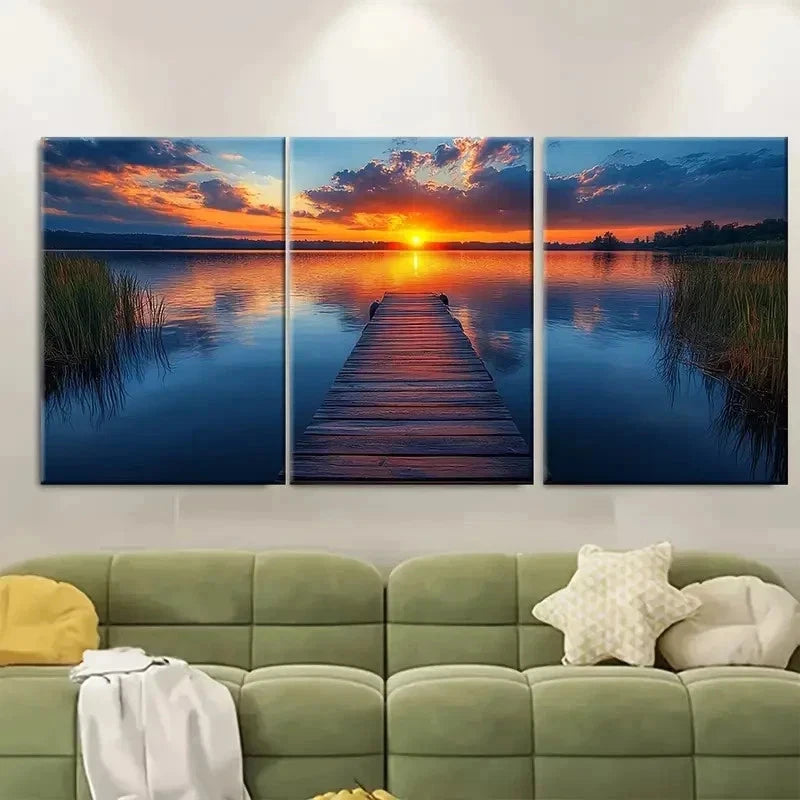 3pcs Serene Lakeside Jetty At Sunset Perfect Wall Art Set Canvas Framed 60x90cm - High Quality Print 100% Australian Made Wall Canvas Ready to Hang
