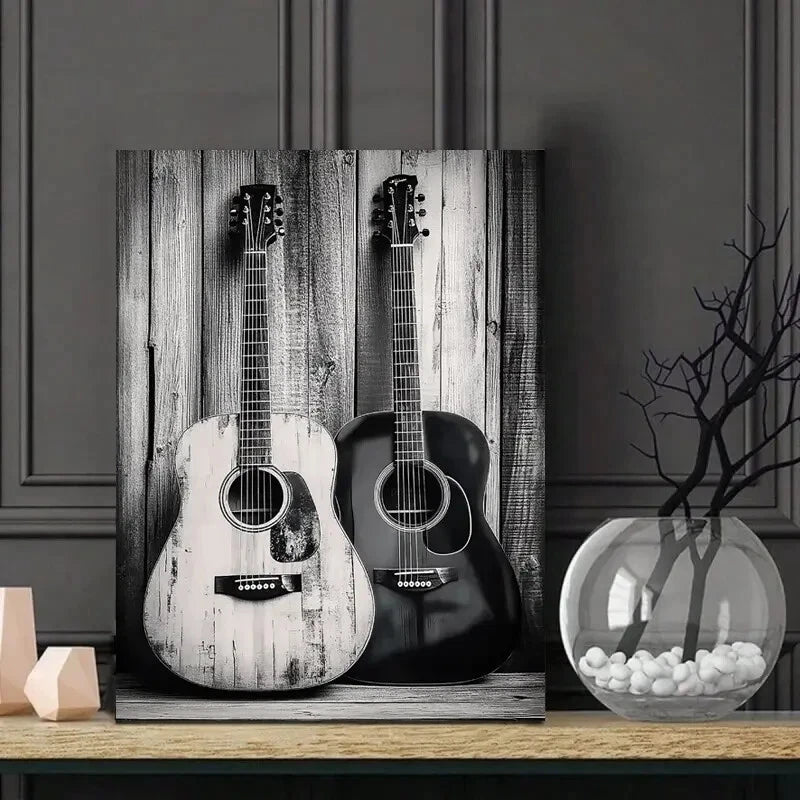 Black And White Photograph of Two Acoustic Guitars 40x60cm Metal Print Ready to Hang