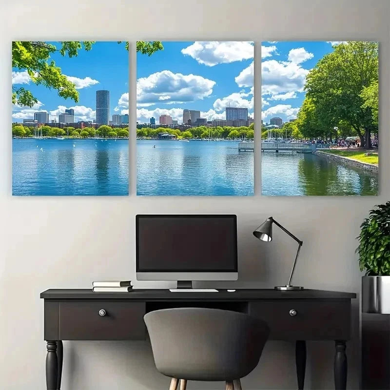 3pcs Boston Massachusetts Skyline Perfect Wall Art Set Canvas Framed 50x70cm - High Quality Print 100% Australian Made Wall Canvas Ready to Hang - Bella Home Decor