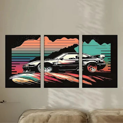 3pcs a car with a sunset in the background Wall Art Set Canvas Unframed - High Quality Print 100% Australian Made Wall Canvas - Bella Home Decor