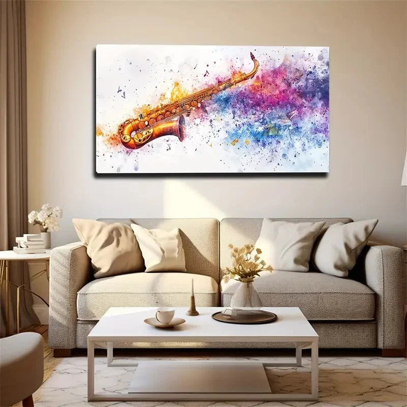 Golden Saxophone Musical Notes Wall Art Canvas Office Home Room Framed 120x60cm