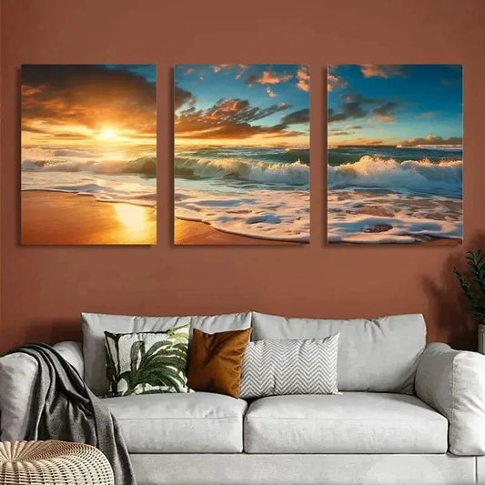 3pcs Ocean Waves & Sandy Shoreline, Modern Wall Art Set Canvas Framed 50x70cm - High Quality Print 100% Australian Made Wall Canvas Ready to Hang