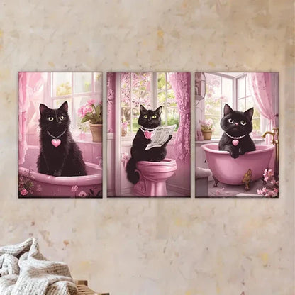 3pcs a black cat sitting in a pink bathtub Wall Art Set Canvas Unframed - High Quality Print 100% Australian Made Wall Canvas - Bella Home Decor