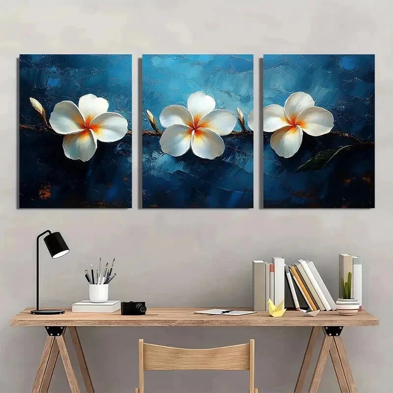 3pcs White Plumeria Flower Elegant Perfect Wall Art Set Canvas Framed 50x70cm - High Quality Print 100% Australian Made Wall Canvas Ready to Hang - Bella Home Decor