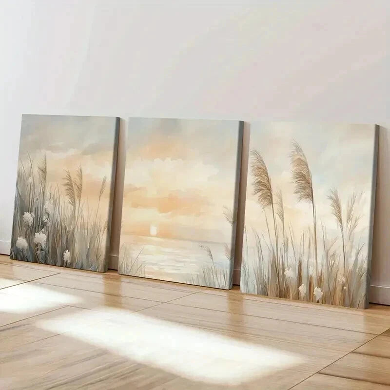 3pcs Sunset & Reeds Modern Landscape Wall Art Set Canvas Framed 60x90cm - High Quality Print 100% Australian Made Wall Canvas Ready to Hang - Bella Home Decor