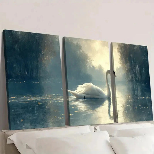 3pcs Vintage Swan Serene Nature DF Wall Art Set Canvas Framed 50x70cm - High Quality Print 100% Australian Made Wall Canvas Ready to Hang