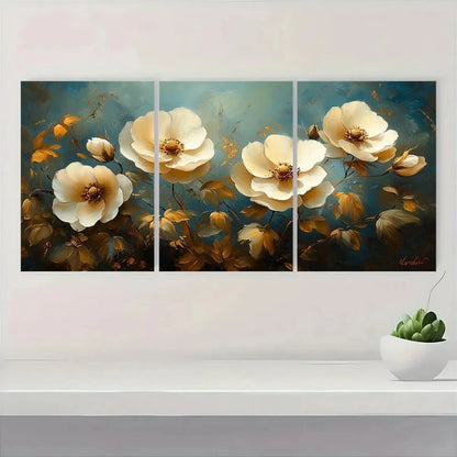 3pcs Vintage White Flowers Elegant Roses Metal Print Ready to Hang Art - Bella Home Decor