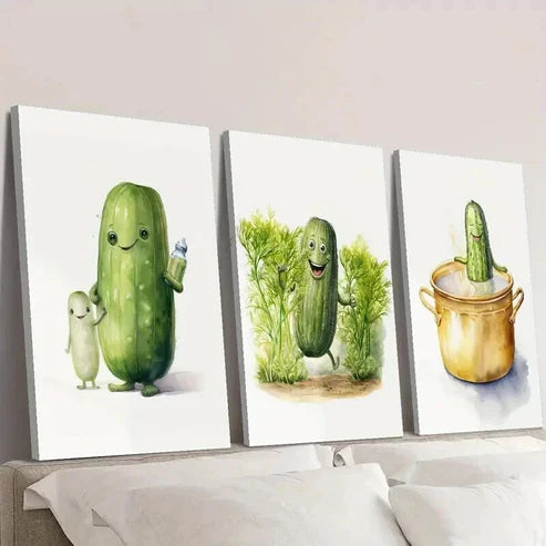 3pcs Cartoon Cucumber Watercolor Painting  Wall Art Set Canvas Unframed - High Quality Print 100% Australian Made Wall Canvas - Bella Home Decor