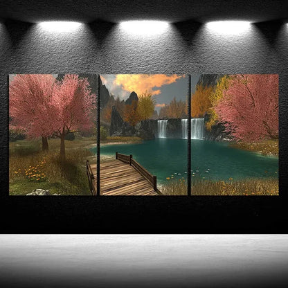 3pcs Waterfalls And Wooden Bridges Metal Print Ready to Hang Art - Bella Home Decor