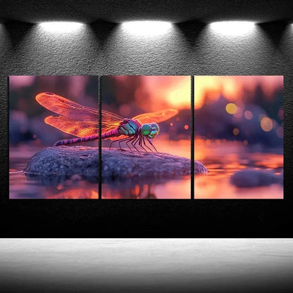 3pcs Dragonflies on the Stone Metal Print Ready to Hang Art - Bella Home Decor