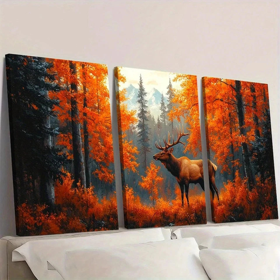 3pcs Autumn Forest Vibrant Wildlife Scene Wall Art Set Canvas Framed 60x90cm - High Quality Print 100% Australian Made Wall Canvas Ready to Hang - Bella Home Decor