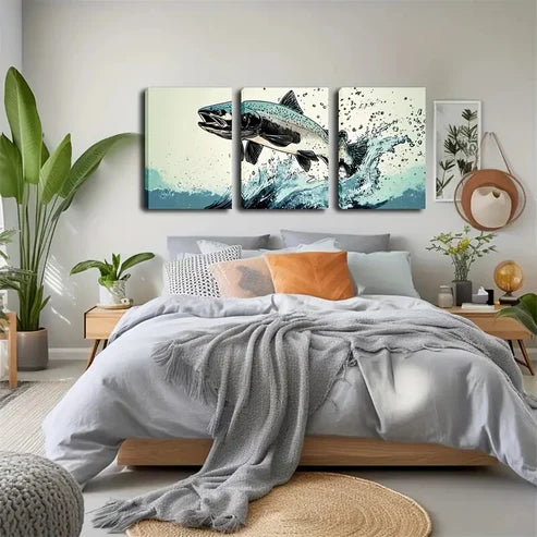 3pcs Vibrant Leaping Fish Wall Art Set Canvas Unframed - High Quality Print 100% Australian Made Wall Canvas