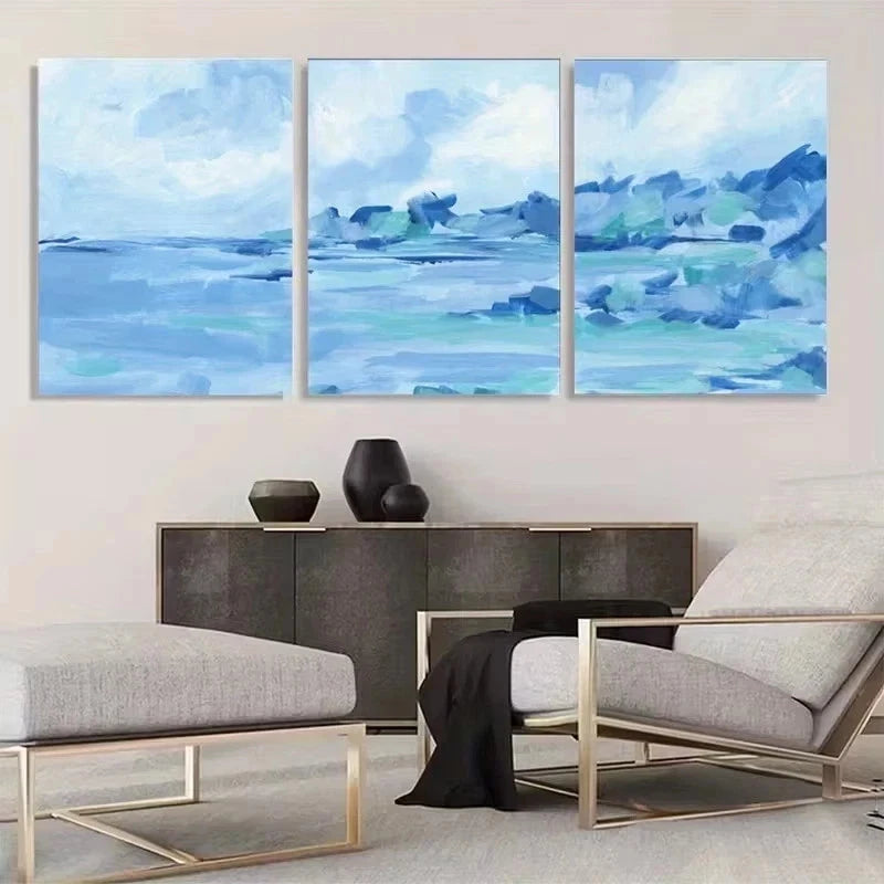 3pcs Blue Modern Abstract Seascape Painting Metal Print Ready to Hang Art