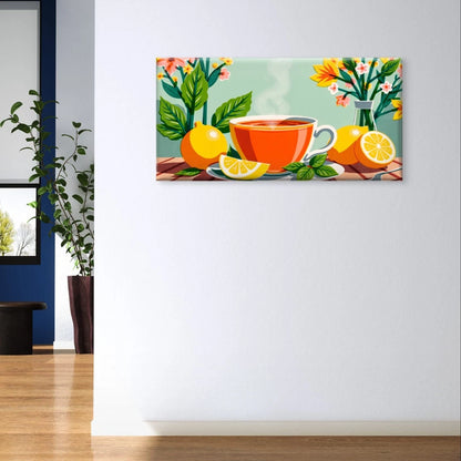 Lemon and Tea Botanical Illustration Wall Art Canvas Office Home Framed 120x60cm