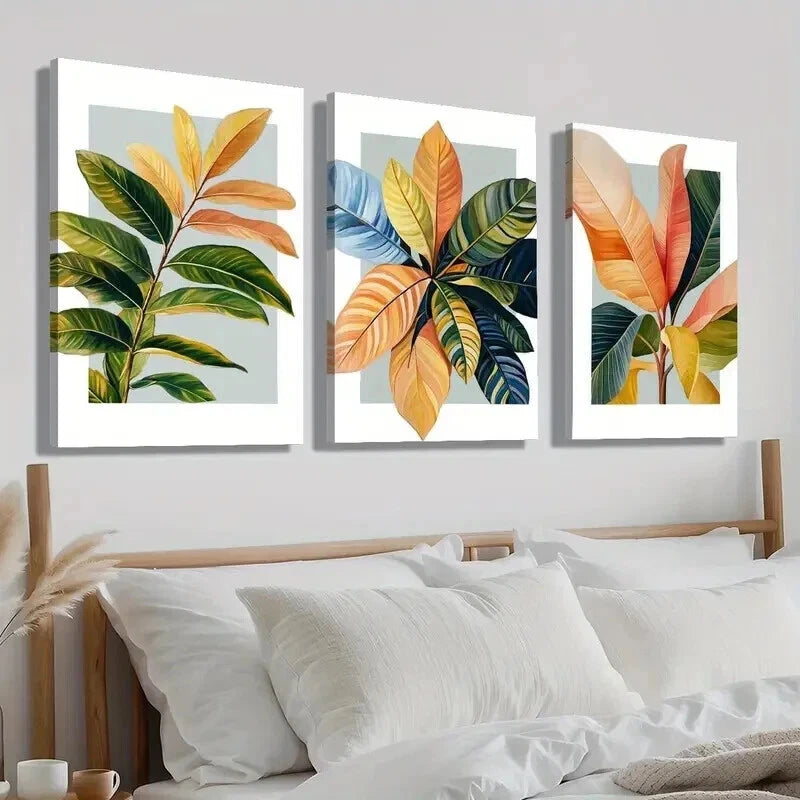 3pcs Modern Botanical Orange Blue Leave Perfect Wall Art Set Canvas Framed 50x70cm - High Quality Print 100% Australian Made Wall Canvas Ready to Hang - Bella Home Decor