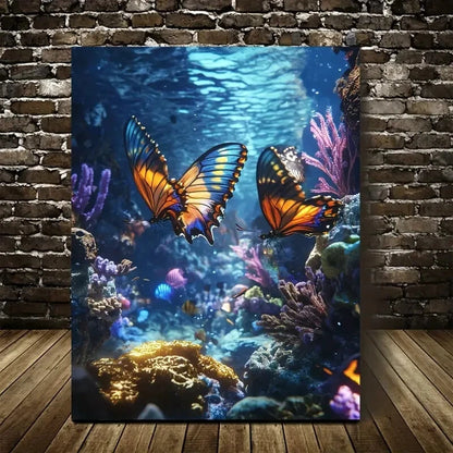 Steampunk Underwater Butterfly Scene with Neon Glow 40x60cm Metal Print Ready to Hang - Bella Home Decor