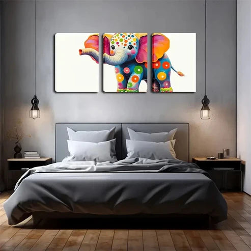 3pcs Cute Elephants Dressed in Colorful Circles Wall Art Set Canvas Unframed - High Quality Print 100% Australian Made Wall Canvas