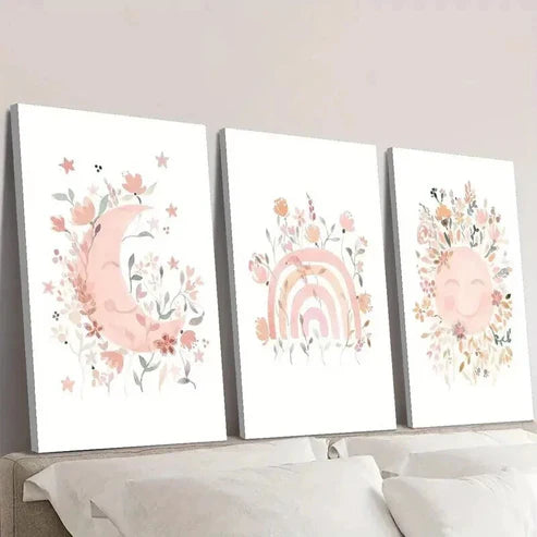 3pcs Moon Rainbow Sun Full of Flowers  Wall Art Set Canvas Unframed - High Quality Print 100% Australian Made Wall Canvas