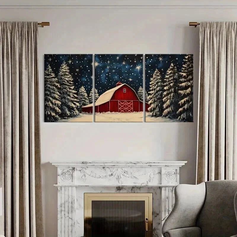 3pcs Winter Barn & Snowy Trees Starry Night Sky Wall Art Set Canvas Framed 50x70cm - High Quality Print 100% Australian Made Wall Canvas Ready to Hang - Bella Home Decor