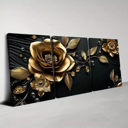 3pcs Classical Golden And Black Flowers Wall Art Set Canvas Unframed - High Quality Print 100% Australian Made Wall Canvas - Bella Home Decor