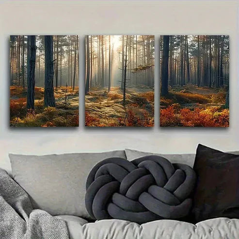 3pcs Autumn Forest Morning Light Wall Art Set Canvas Unframed - High Quality Print 100% Australian Made Wall Canvas - Bella Home Decor