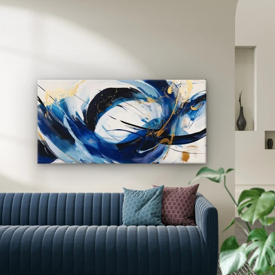 Blue White &Golden Swirl Design Wall Art Canvas Office Home Room Framed 120x60cm