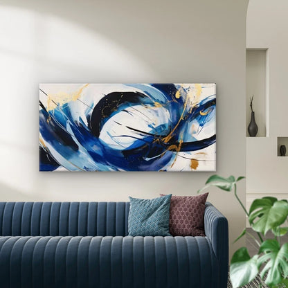 Blue White &Golden Swirl Design Wall Art Canvas Office Home Room Framed 120x60cm