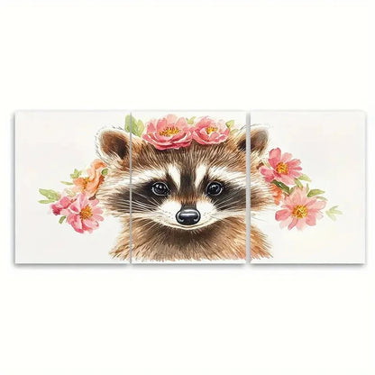 3pcs Adorable Raccoon Watercolor Print   Wall Art Set Canvas Framed 40x60cm - High Quality Print 100% Australian Made Wall Canvas Ready to Hang - Bella Home Decor