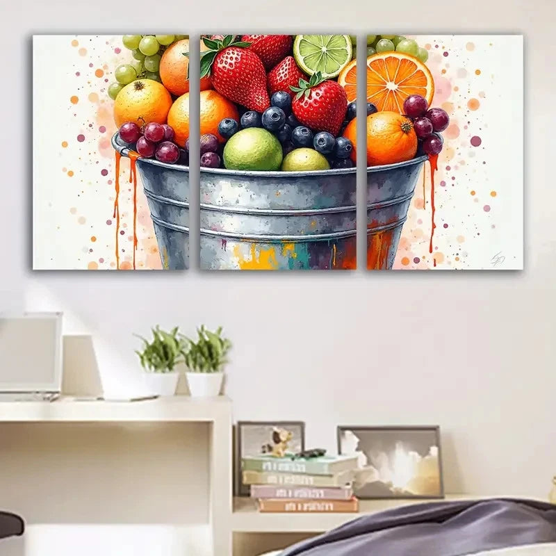 3pcs Watercolor Fruit Bucket Artwork Scene Wall Art Set Canvas Framed 60x90cm - High Quality Print 100% Australian Made Wall Canvas Ready to Hang