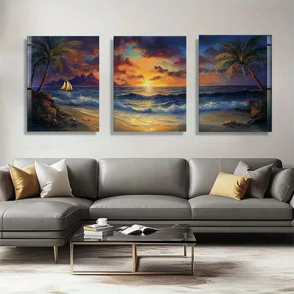 3pcs Sunset Sailing Boat Vibrant Sky Perfect Wall Art Canvas Unframed - High Quality Print 100% Australian Made Wall Canvas