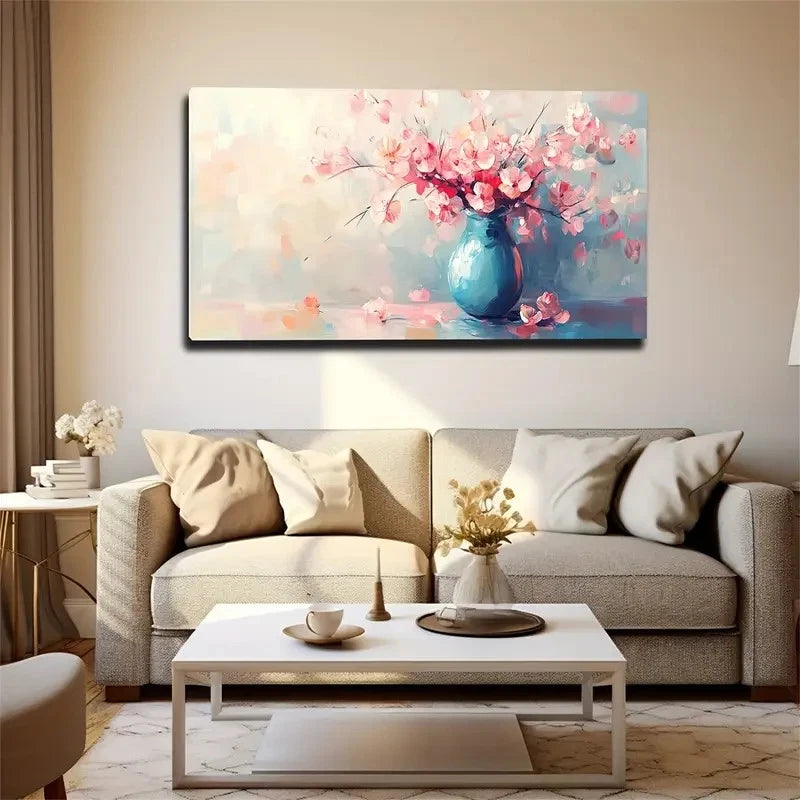 Blue Vase In Pink Flower Branch Wall Art Canvas Office Home Room Framed 120x60cm