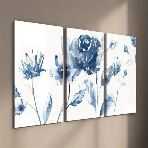 3pcs Elegant and Simple Blue Flowers Wall Art Set Canvas Unframed - High Quality Print 100% Australian Made Wall Canvas